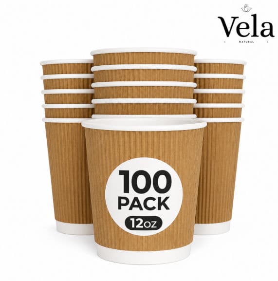 100 x Kraft 12 Ounce Ripple 3 Ply Disposable Insulated Paper Cups for Tea Coffee Cappuccino Hot Drinks