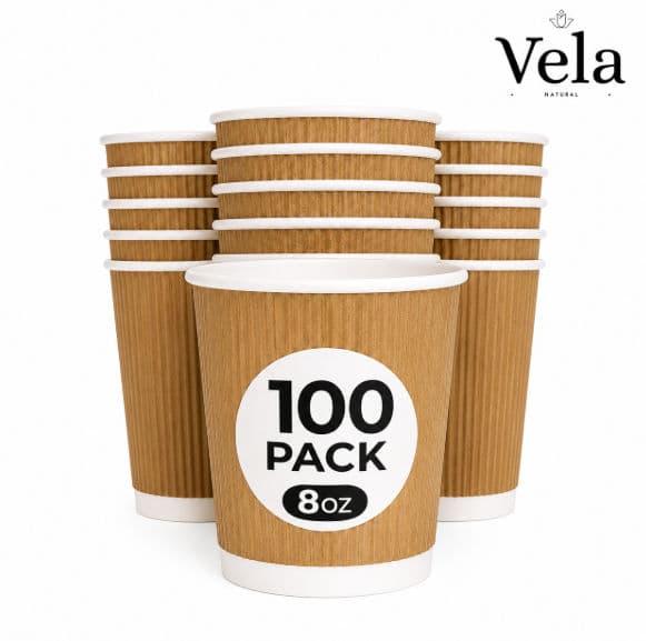 Coffee Cups 8 OZ - NO Lids - 100 Disposable Brown Ripple Coffee Cups - Ideal for Takeaways