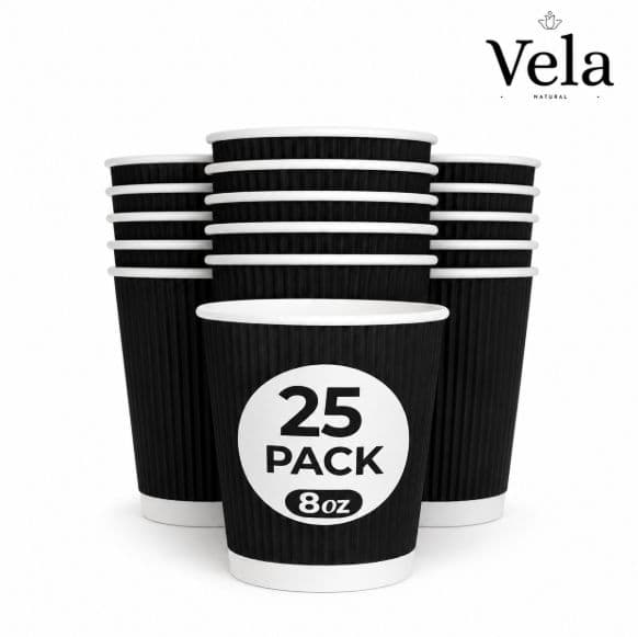 Premium 8oz Black Ripple Wall Paper Cups (25 Pack) – Ripple Wall Insulated Hot Drink Coffee Cups, Comfortable Grip, Leak-Resistant