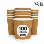 100 x Kraft 12 Ounce Ripple 3 Ply Disposable Insulated Paper Cups for Tea Coffee Cappuccino Hot Drinks
