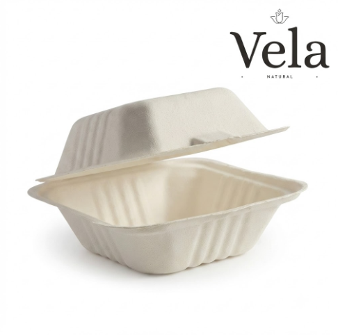 15x15cm 6x6 Wide Natural Plant Fibre Clamshell - 400carton 15x15cm / 6x6" Wide White Plant Fibre Clamshell - 400/carton - Image 1