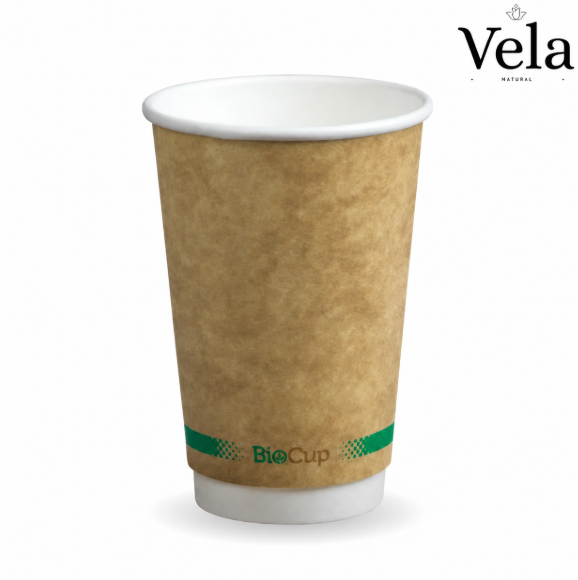 460ml 16oz (90mm) Kraft Green Stripe Double Wall BioCup 460ml / 16oz (90mm) Kraft Green Stripe Double Wall BioCup - Image 1