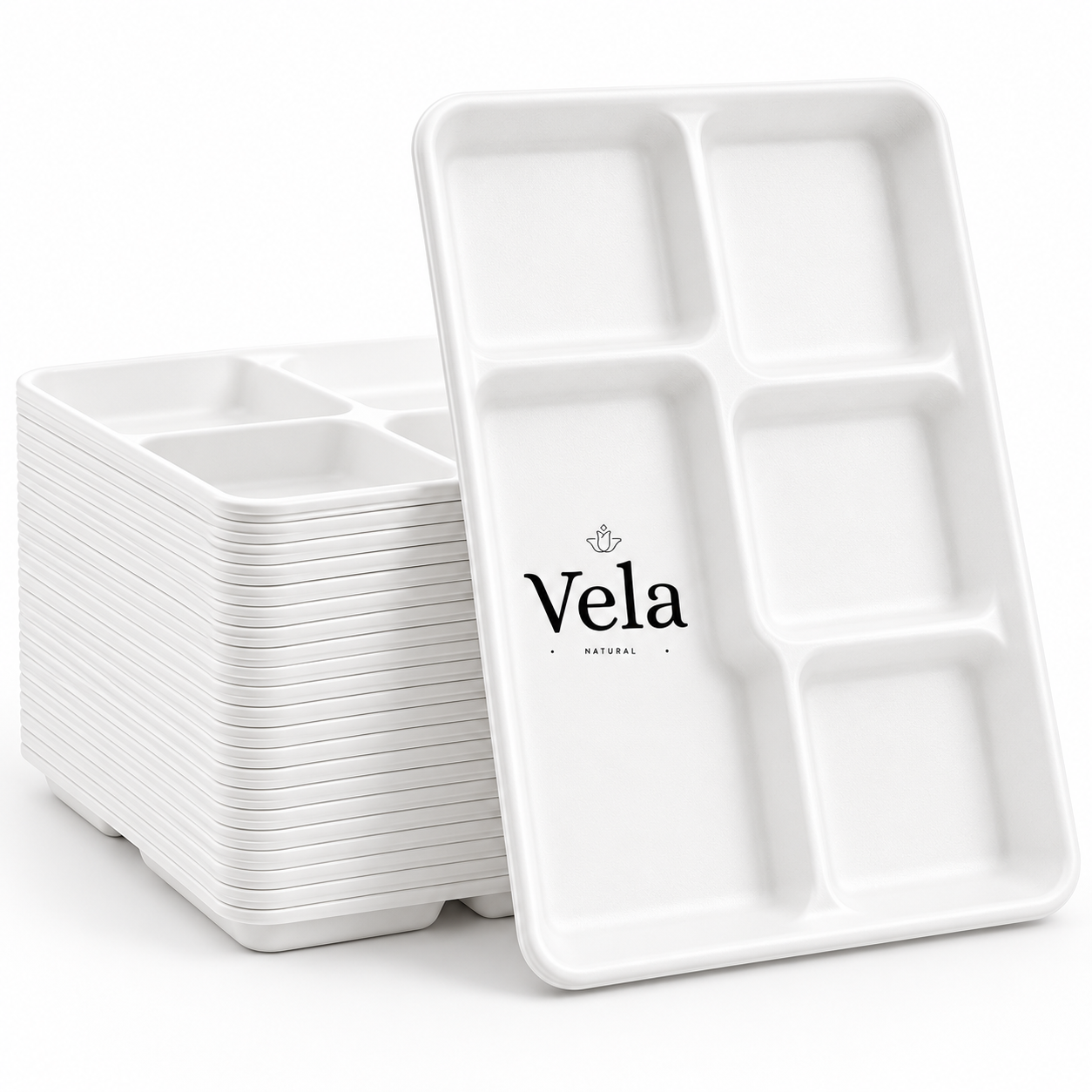 5 Compartment Disposable Plates White - Large 10 x 8 5 Compartment Disposable Plates White - Large 10" x 8" - Image 1