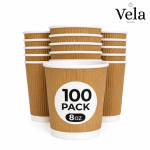 Coffee Cups 8 OZ - NO Lids - 100 Disposable Brown Ripple Coffee Cups - Ideal for Takeaways