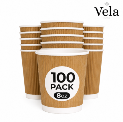 Coffee Cups 8 OZ - NO Lids - 100 Disposable Brown Ripple Coffee Cups - Ideal for Takeaways